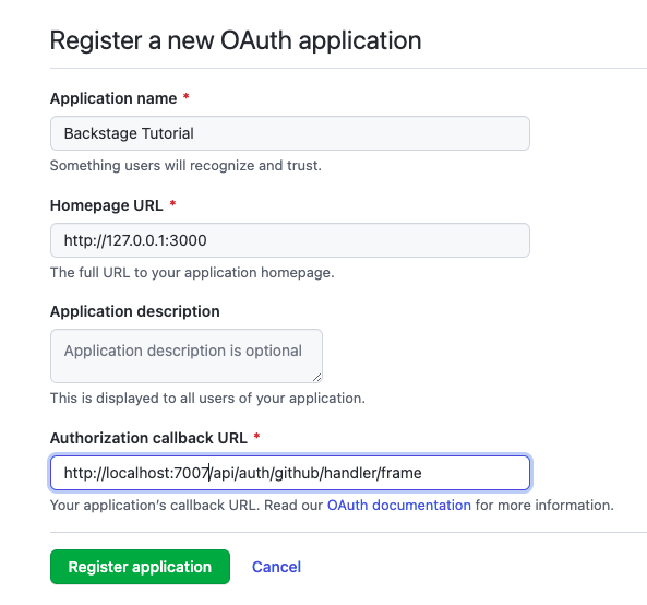 Screenshot of the GitHub OAuth creation page