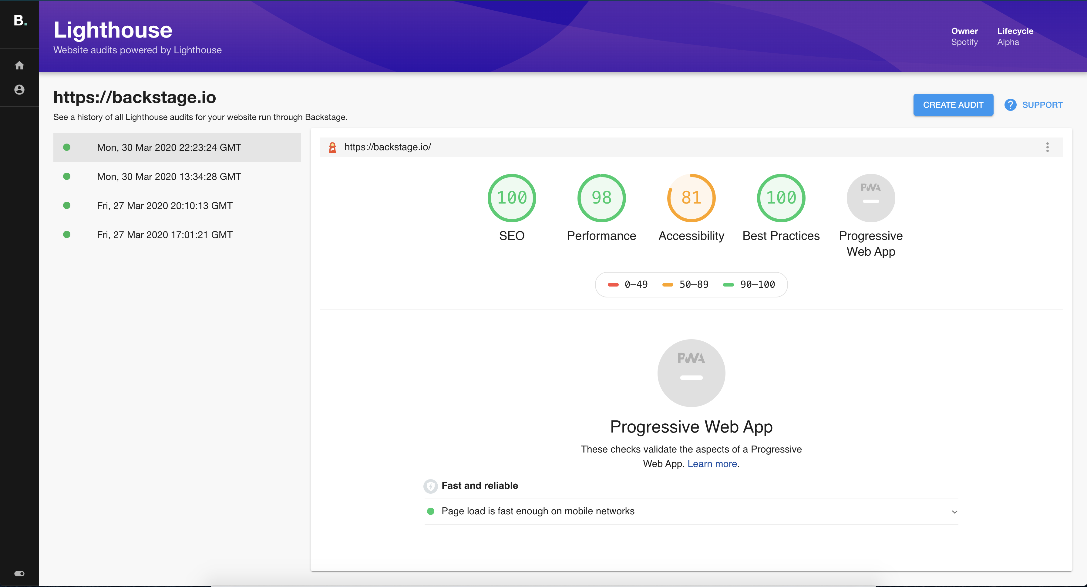 image of the audit view in the Lighthouse plugin