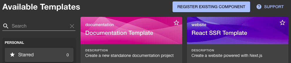 Software template main screen, with a blue button to add an existing component