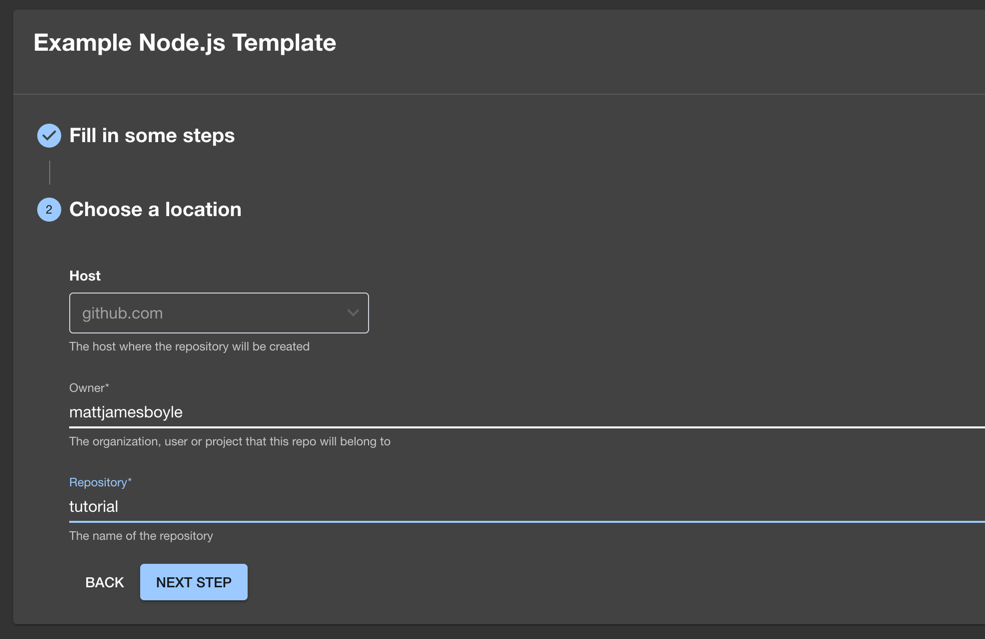 Software template deployment input screen asking for the GitHub username, and name of the new repo to create