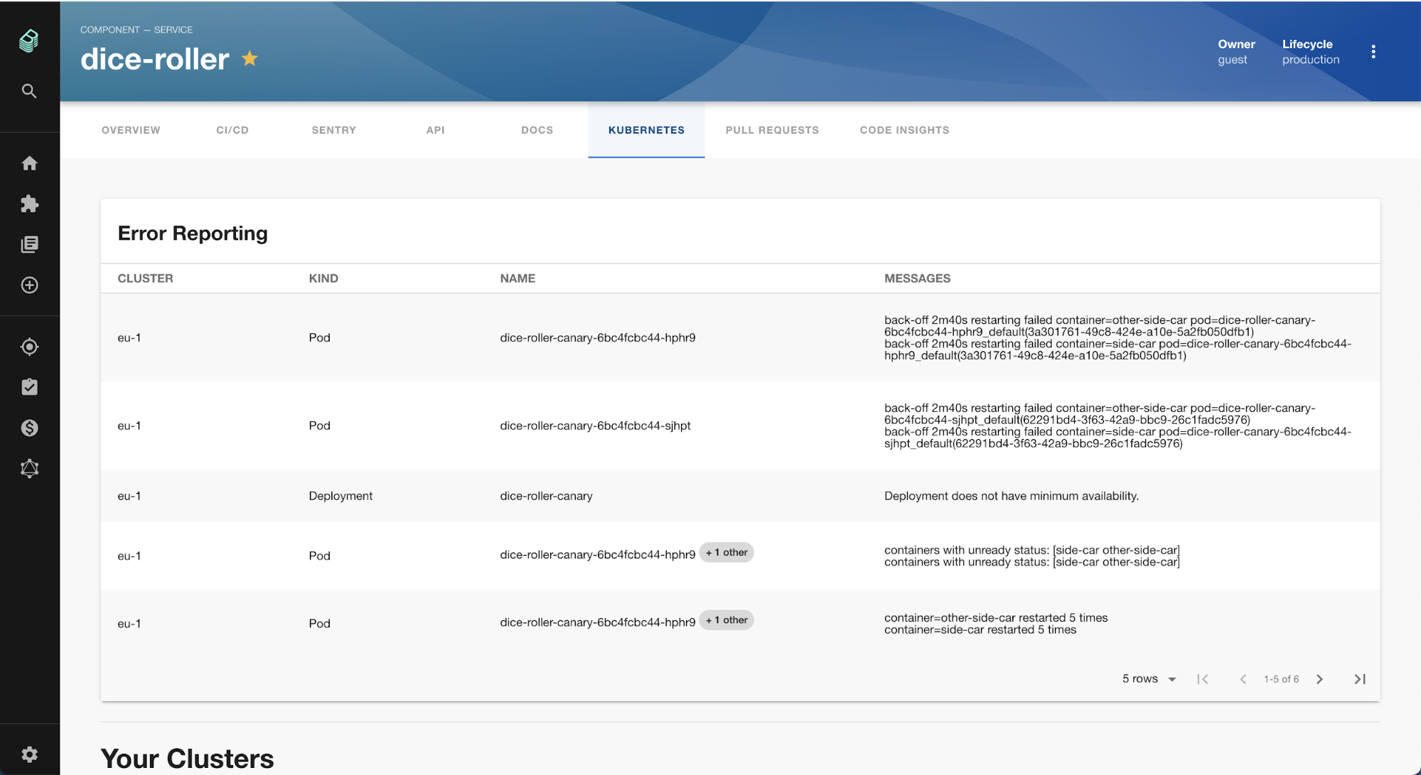 Error reporting screen in Backstage Kubernetes plugin