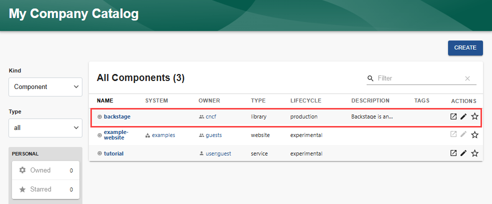 Backstage website component in software catalog.