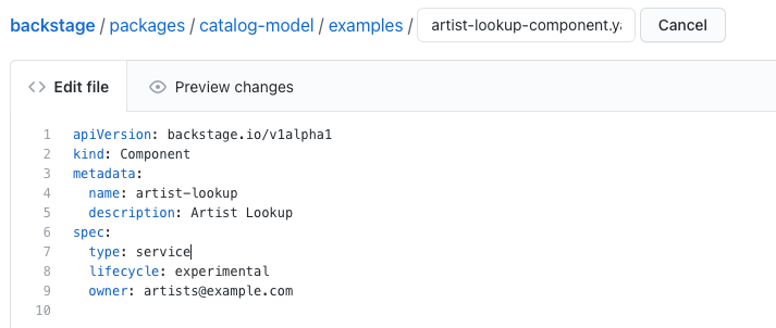 screenshot of updating component metadata