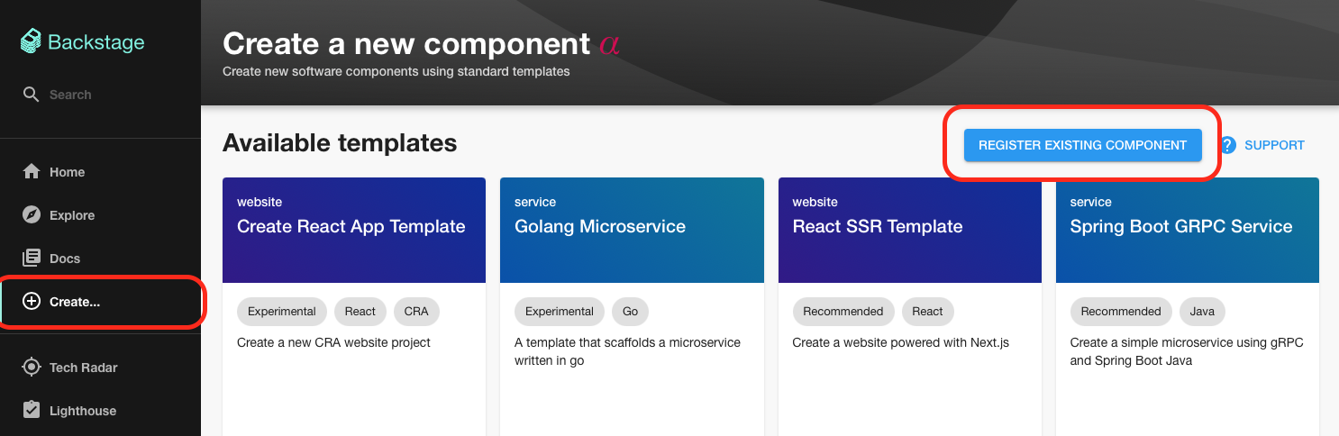 screenshot of manually register existing component