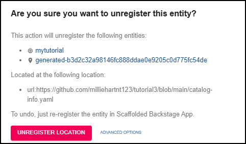 Screenshot of confirming unregister entity.