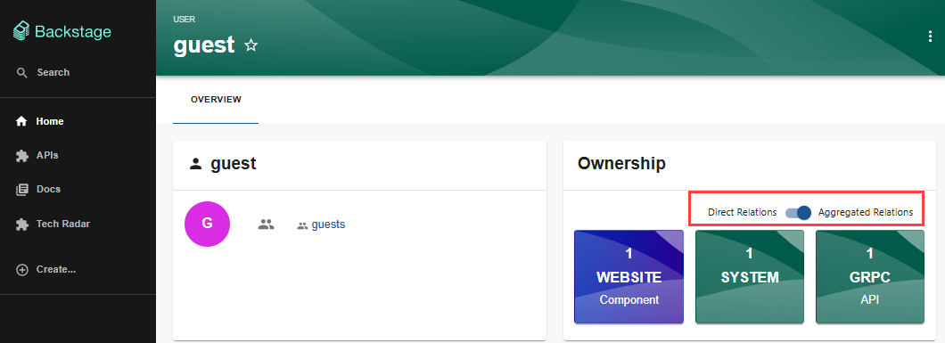 Screenshot of the Backstage portal entities owned by guest user.