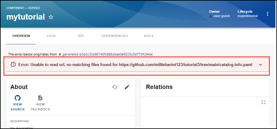 Screenshot of error finding catalog info yaml file.