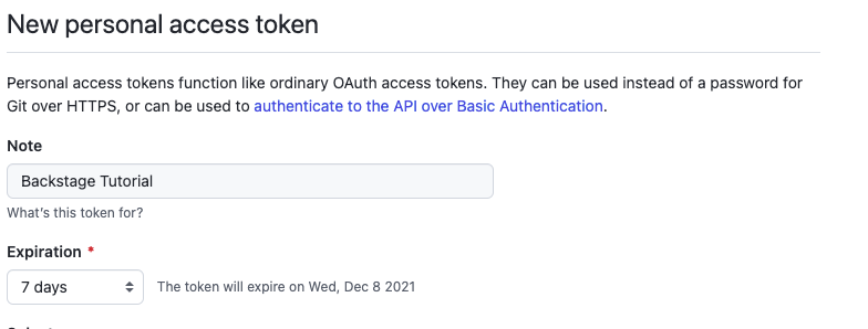 Screenshot of the GitHub Personal Access Token creation page