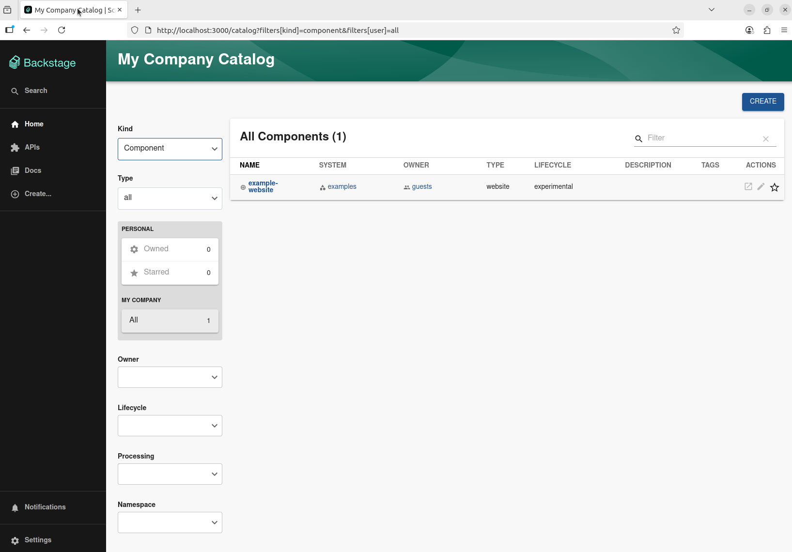 Screenshot of the Backstage portal.