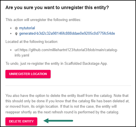 Screenshot of selecting delete entity.