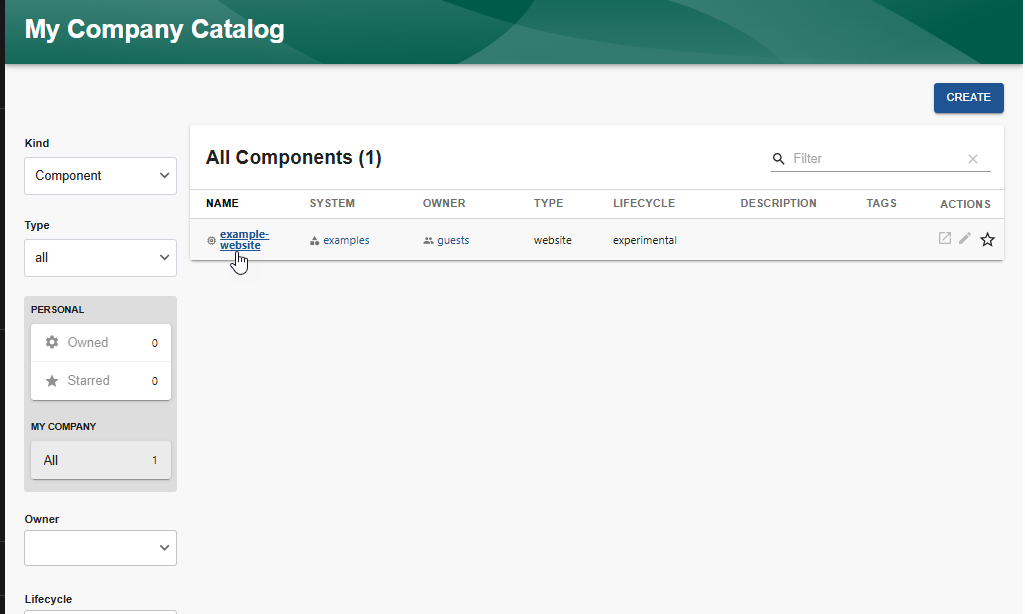 Screenshot of the Backstage portal with example-website selected.