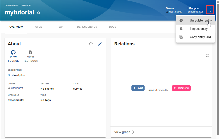 Screenshot of selecting unregister entity.