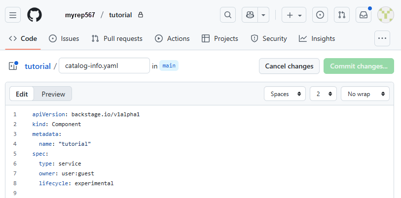 tutorial component catalog-info.yaml file