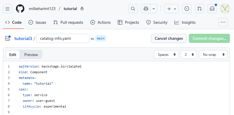 tutorial component catalog-info.yaml file