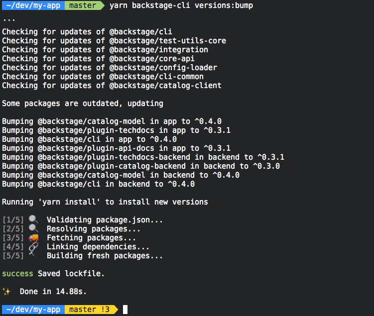 Output of the backstage-cli version:bump command